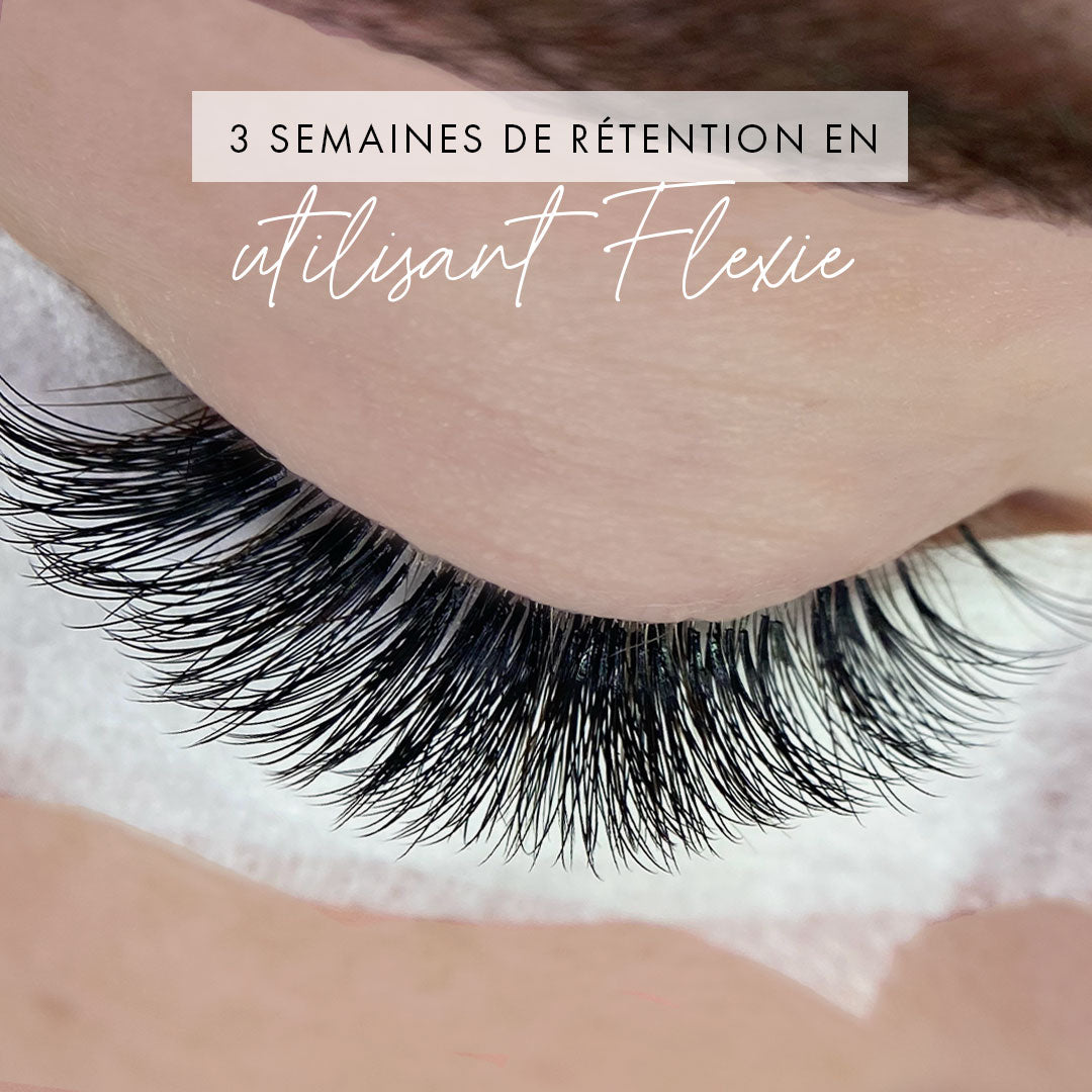 Extension de cils avec colle à cils Flexie montrant 3 semaines de rétention.
