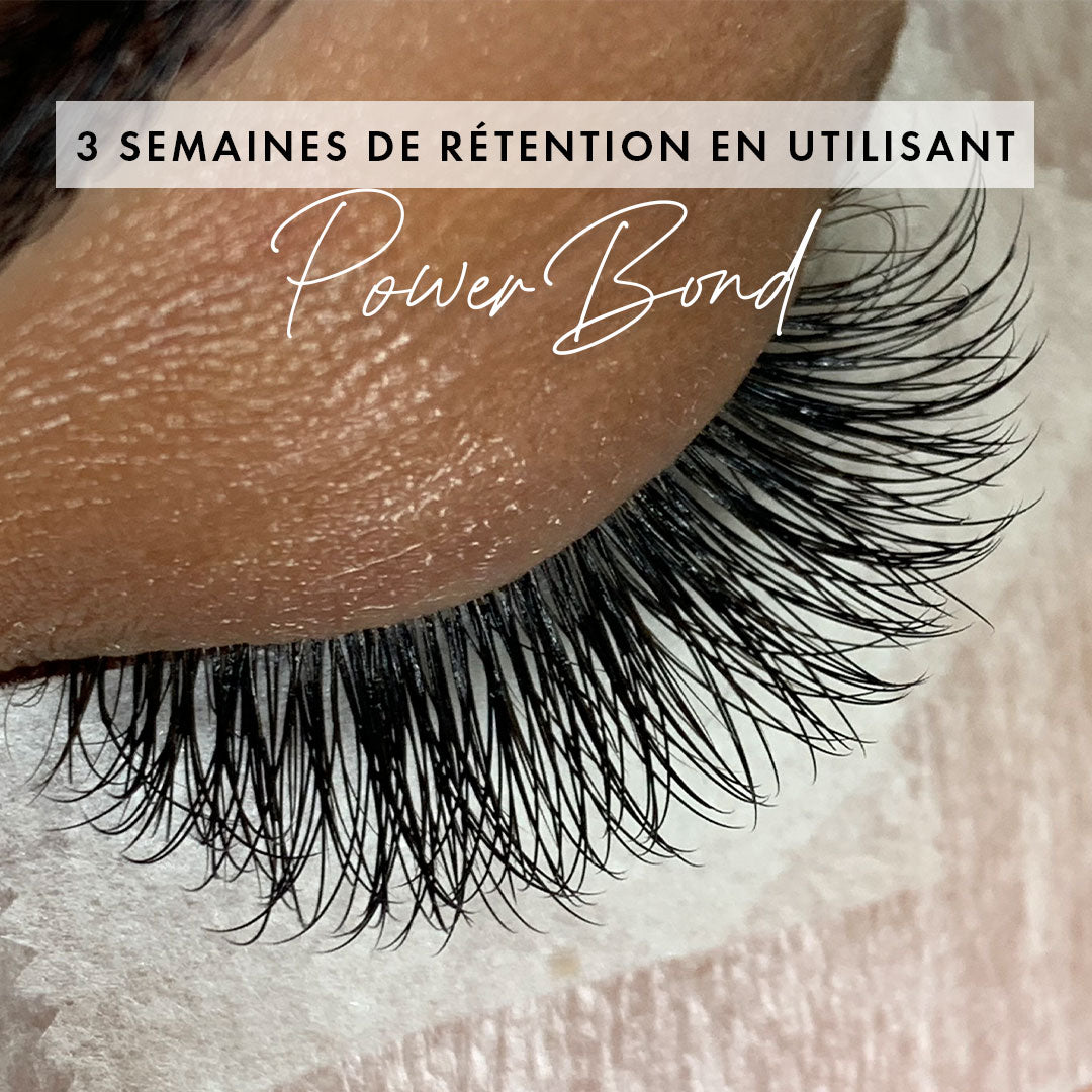 Résultat d'extensions de cils avec Colle à cils Power Bond offrant 3 semaines de rétention.