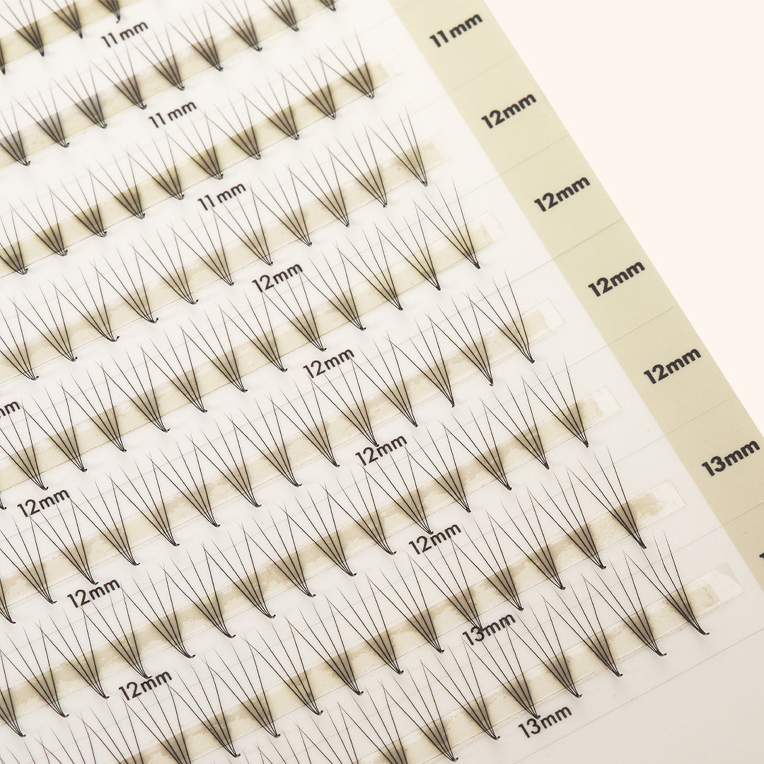 Cils Préfaits Mayfair 4D 0.07 Volume Étroit, longueurs mixtes 11-13mm, sur un plateau, bases pincées pour application professionnelle.