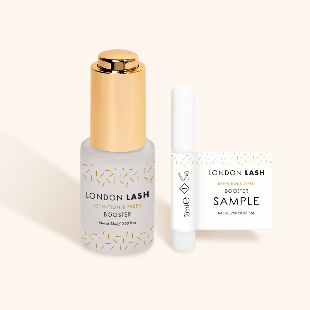 Flacon de booster rétention et speed de London Lash, essentiel pour extensions de cils.